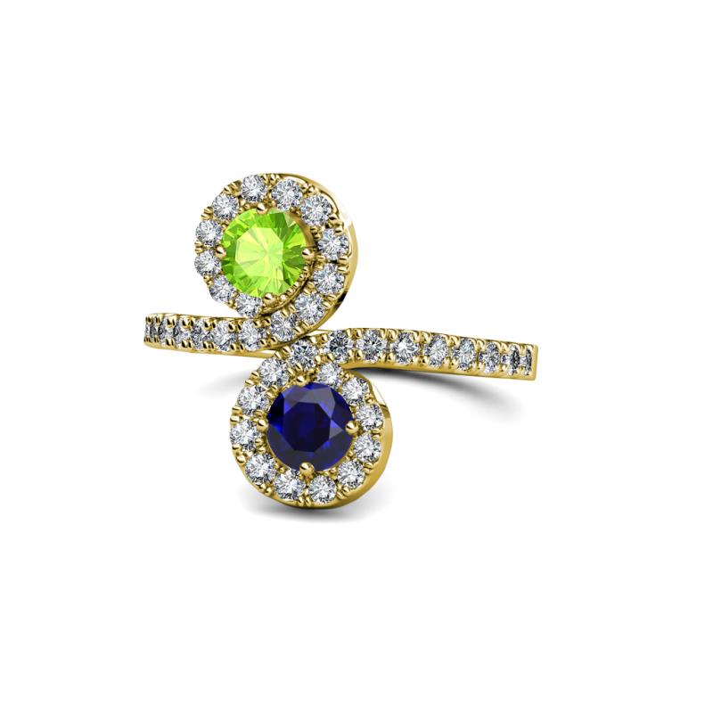 Kevia Peridot and Blue Sapphire with Side Diamonds Bypass Ring 