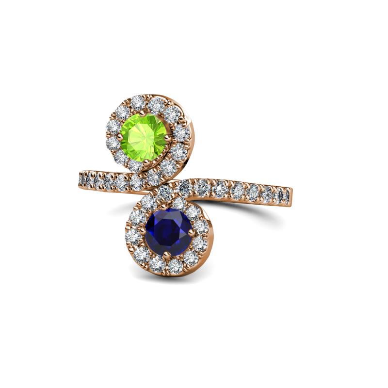 Raene Peridot and Blue Sapphire with Side Diamonds Bypass Ring 