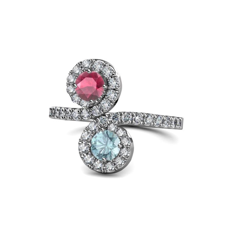 Kevia Rhodolite Garnet and Aquamarine with Side Diamonds Bypass Ring 