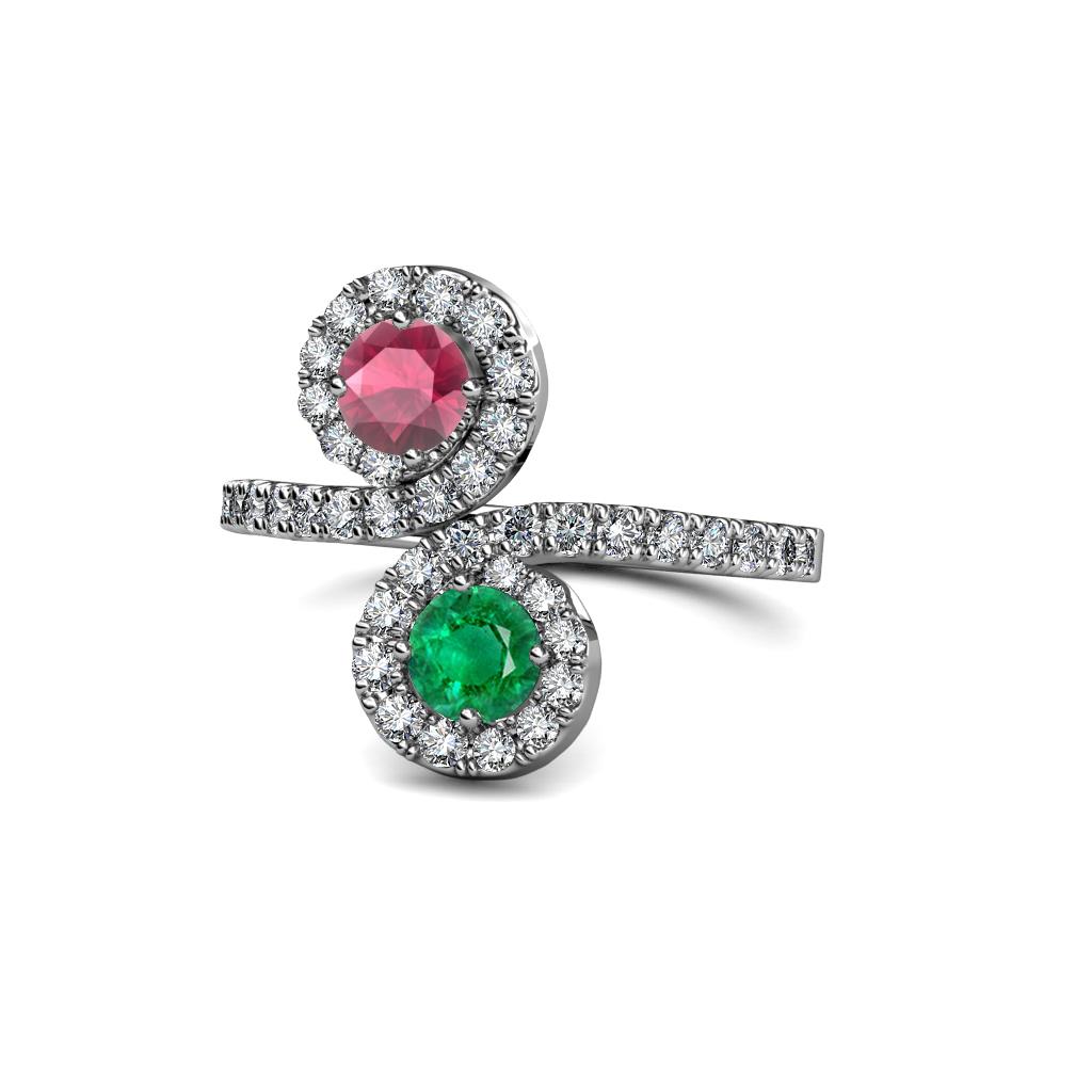 Raene Rhodolite Garnet and Emerald with Side Diamonds Bypass Ring 
