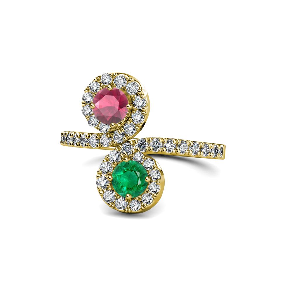 Raene Rhodolite Garnet and Emerald with Side Diamonds Bypass Ring 