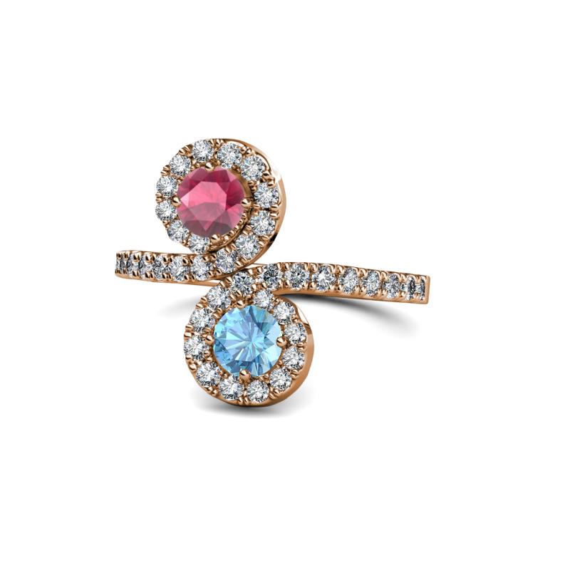 Kevia Rhodolite Garnet and Blue Topaz with Side Diamonds Bypass Ring 