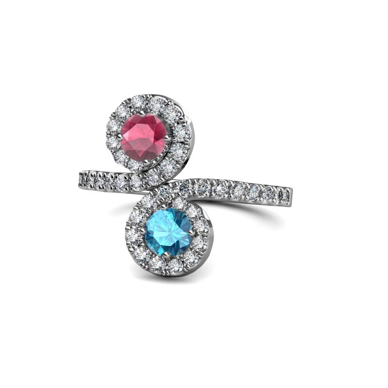 Raene Rhodolite Garnet and London Blue Topaz with Side Diamonds Bypass Ring 
