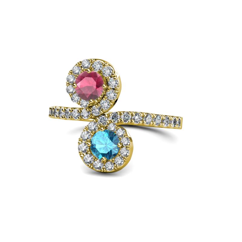 Raene Rhodolite Garnet and London Blue Topaz with Side Diamonds Bypass Ring 