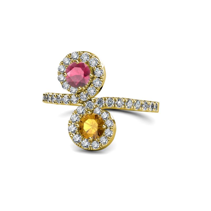 Kevia Rhodolite Garnet and Citrine with Side Diamonds Bypass Ring 