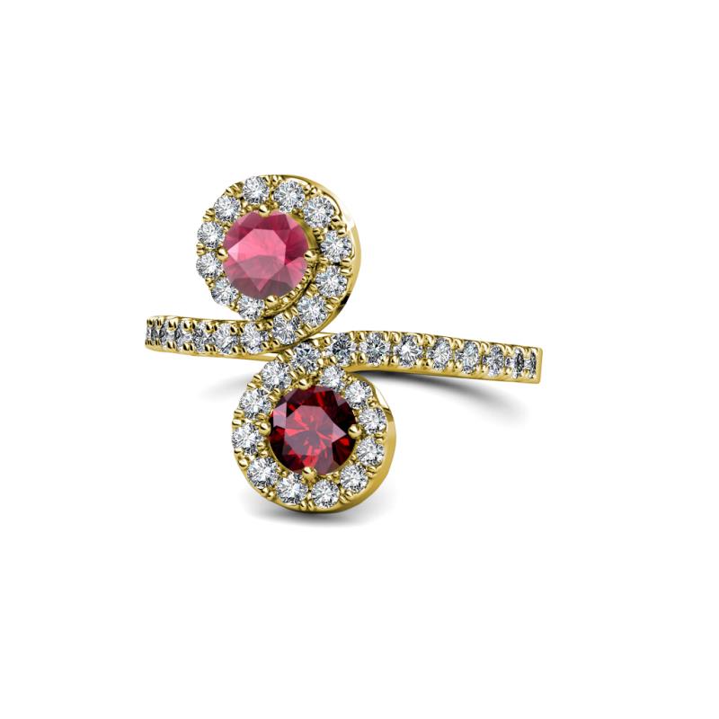 Kevia Rhodolite Garnet and Ruby with Side Diamonds Bypass Ring 