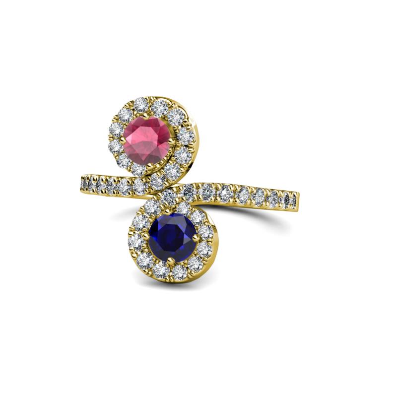 Kevia Rhodolite Garnet and Blue Sapphire with Side Diamonds Bypass Ring 