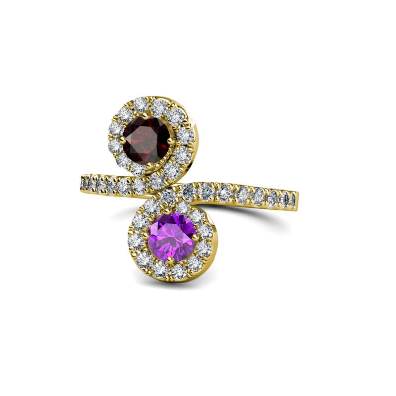 Kevia Red Garnet and Amethyst with Side Diamonds Bypass Ring 