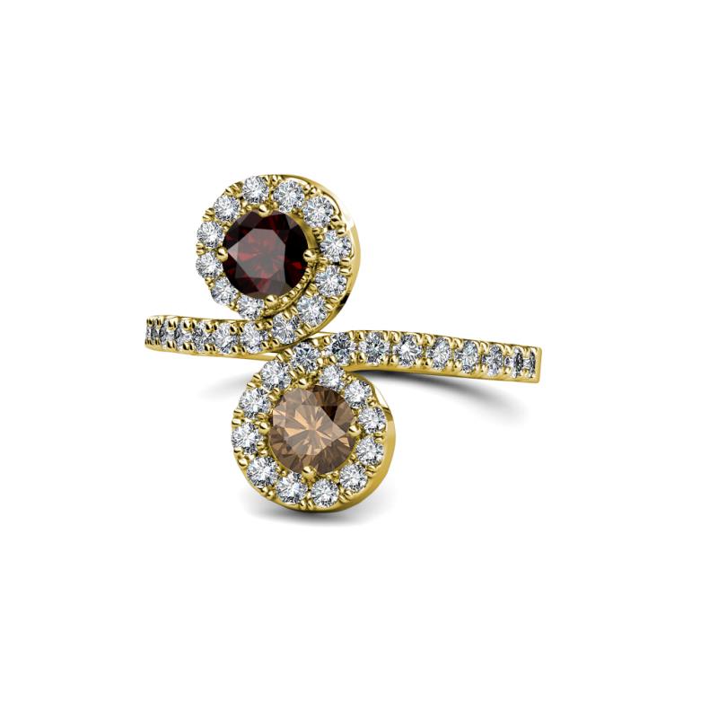 Kevia Red Garnet and Smoky Quartz with Side Diamonds Bypass Ring 