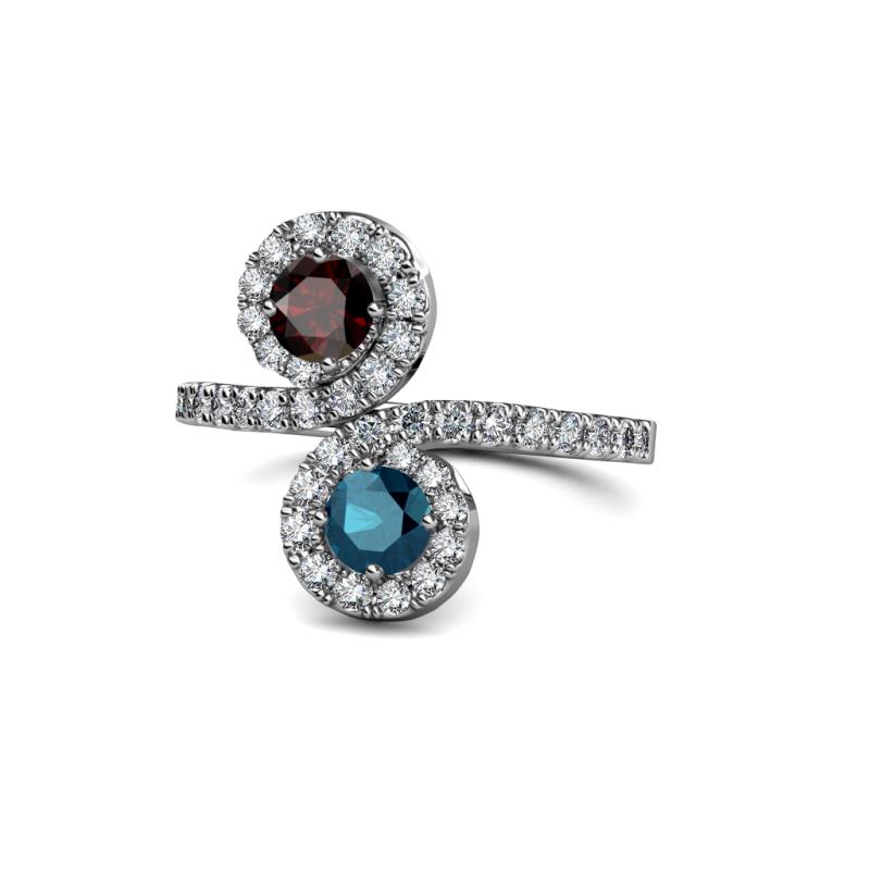 Raene Red Garnet and Blue Diamond with Side Diamonds Bypass Ring 