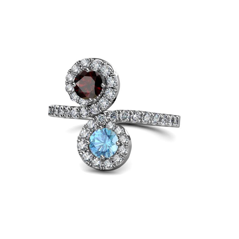 Kevia Red Garnet and Blue Topaz with Side Diamonds Bypass Ring 