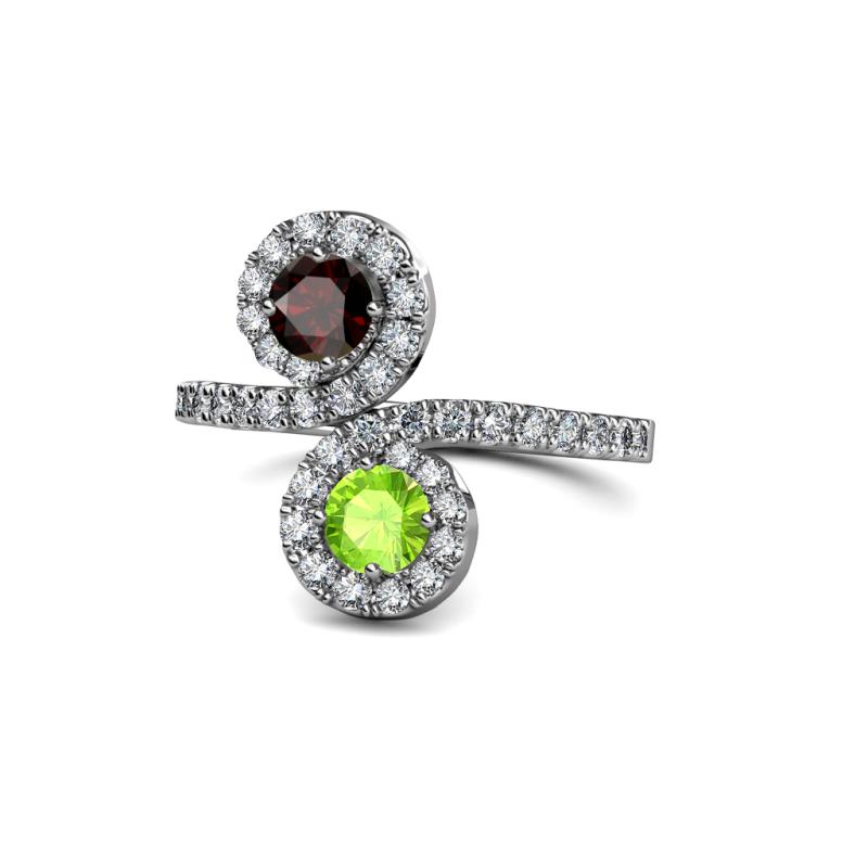 Raene Red Garnet and Peridot with Side Diamonds Bypass Ring 