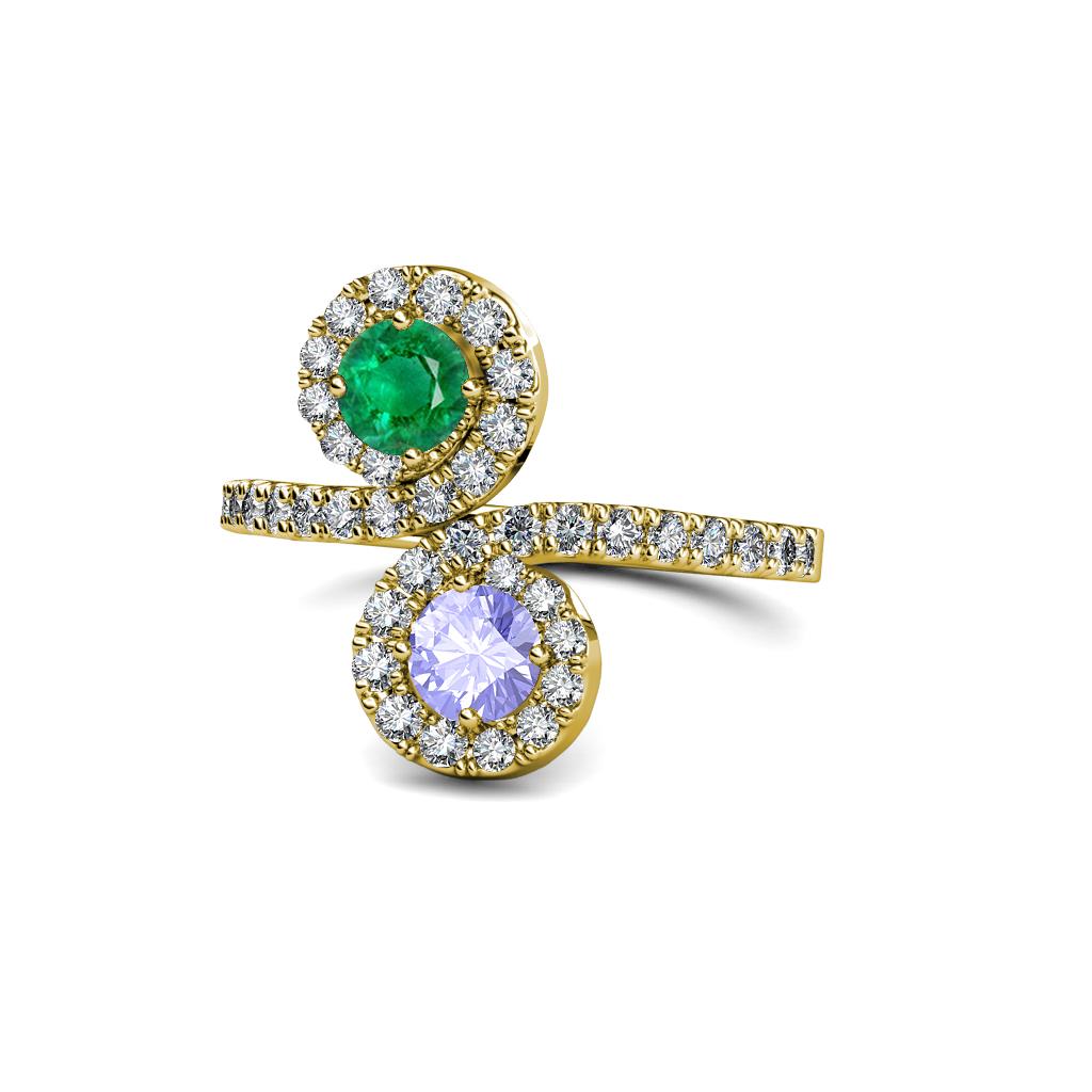 Kevia Emerald and Tanzanite with Side Diamonds Bypass Ring 