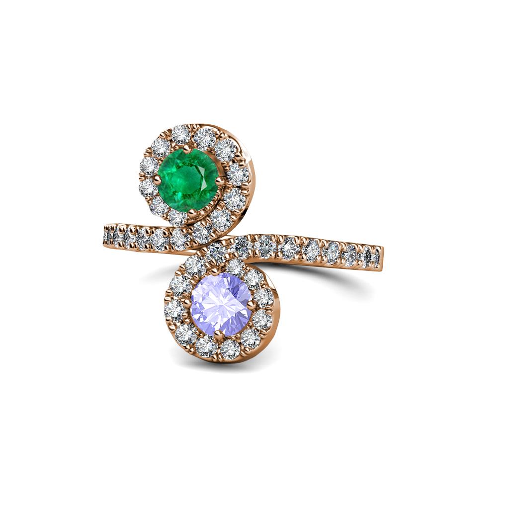 Kevia Emerald and Tanzanite with Side Diamonds Bypass Ring 