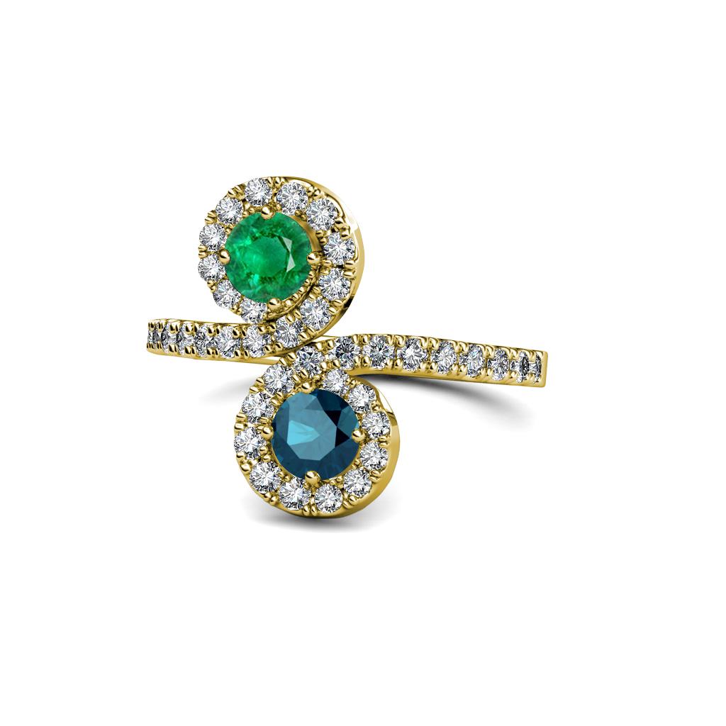 Raene Emerald and Blue Diamond with Side Diamonds Bypass Ring 