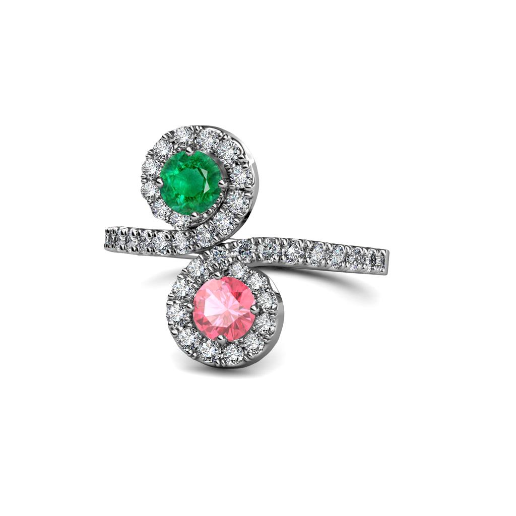Kevia Emerald and Pink Tourmaline with Side Diamonds Bypass Ring 
