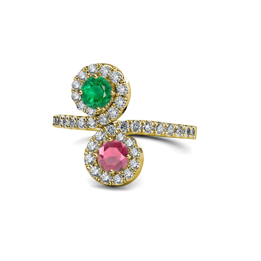 Kevia Emerald and Rhodolite Garnet with Side Diamonds Bypass Ring 