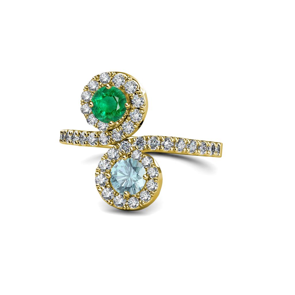 Kevia Emerald and Aquamarine with Side Diamonds Bypass Ring 