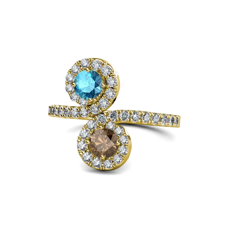 Kevia London Blue Topaz and Smoky Quartz with Side Diamonds Bypass Ring 
