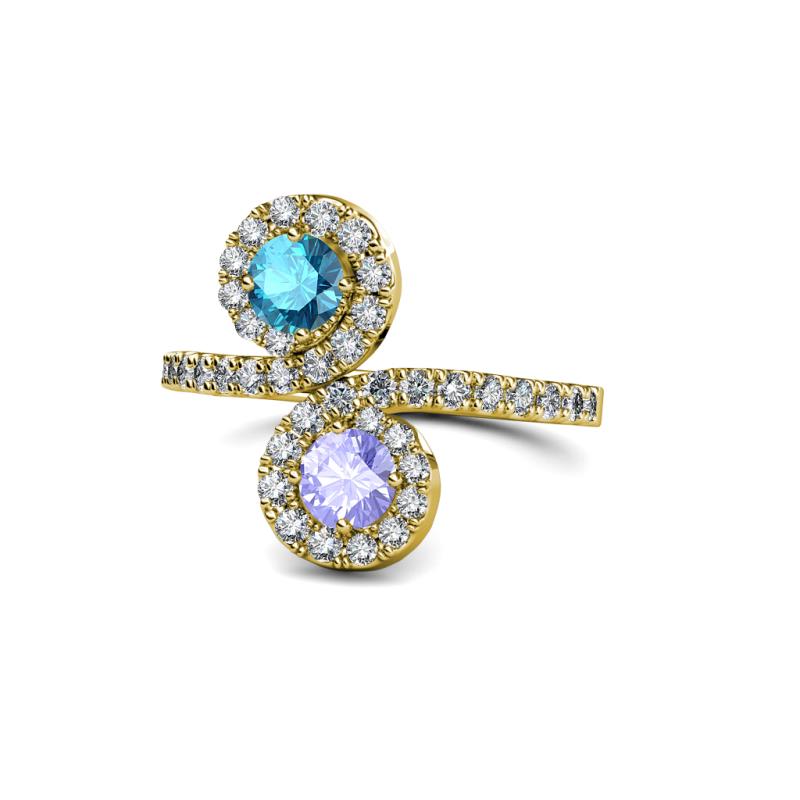 Kevia London Blue Topaz and Tanzanite with Side Diamonds Bypass Ring 