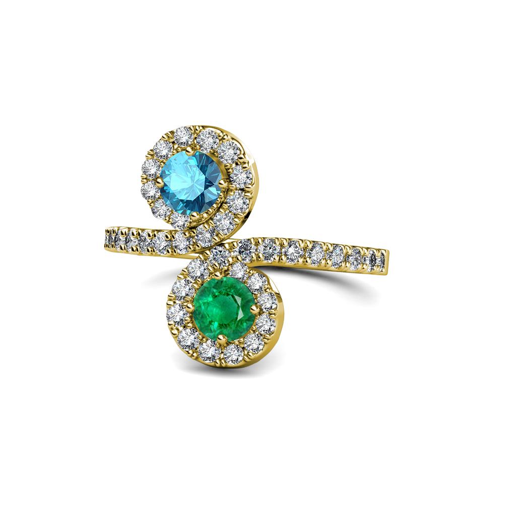 Kevia London Blue Topaz and Emerald with Side Diamonds Bypass Ring 