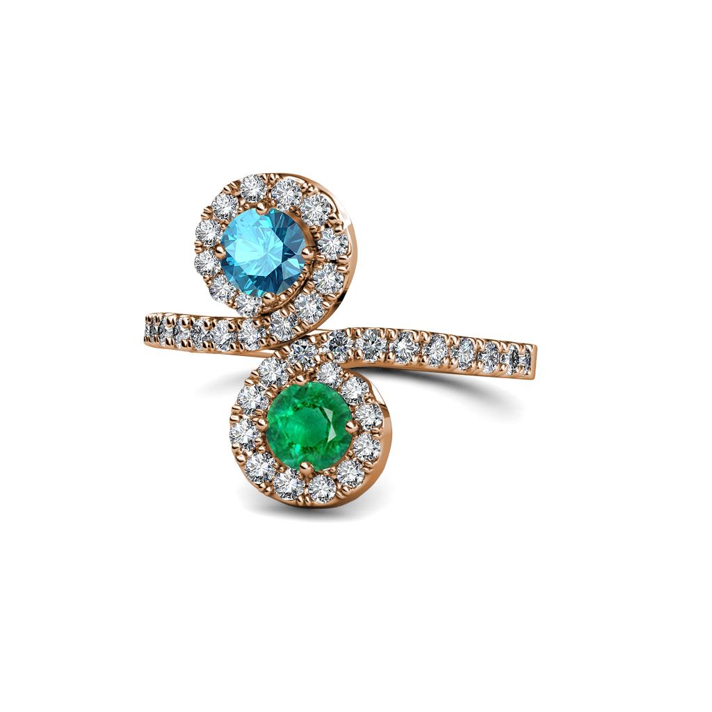 Raene London Blue Topaz and Emerald with Side Diamonds Bypass Ring 