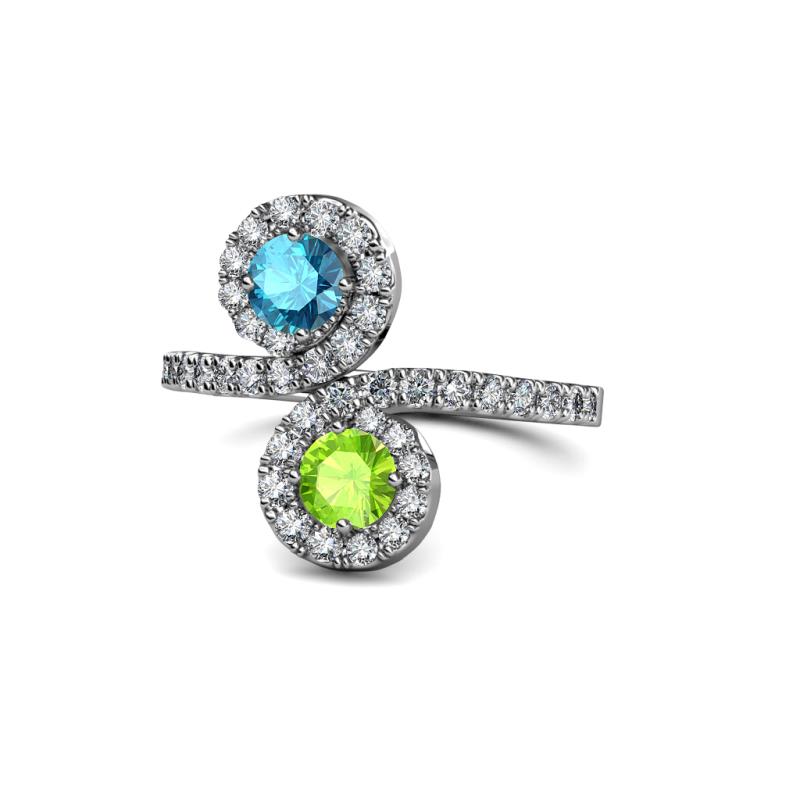 Raene London Blue Topaz and Peridot with Side Diamonds Bypass Ring 