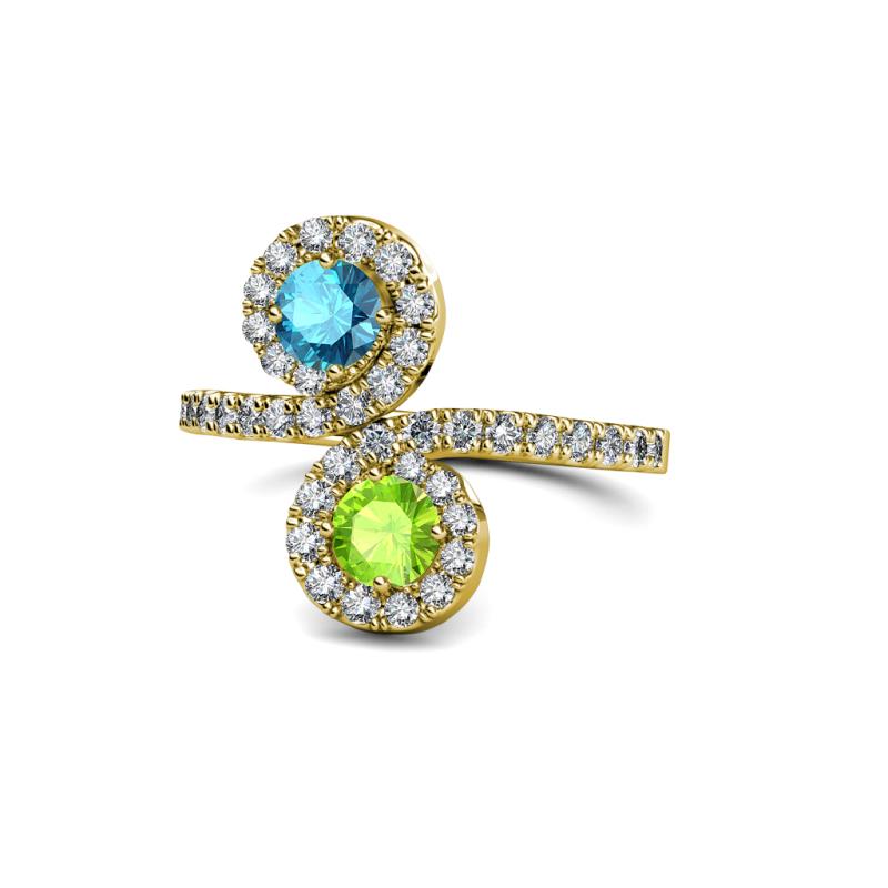 Kevia London Blue Topaz and Peridot with Side Diamonds Bypass Ring 