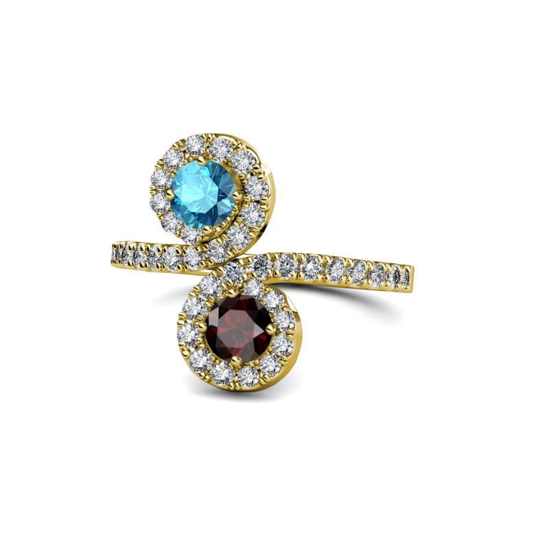 Kevia London Blue Topaz and Red Garnet with Side Diamonds Bypass Ring 