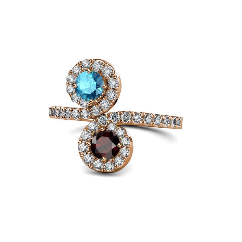Kevia London Blue Topaz and Red Garnet with Side Diamonds Bypass Ring 