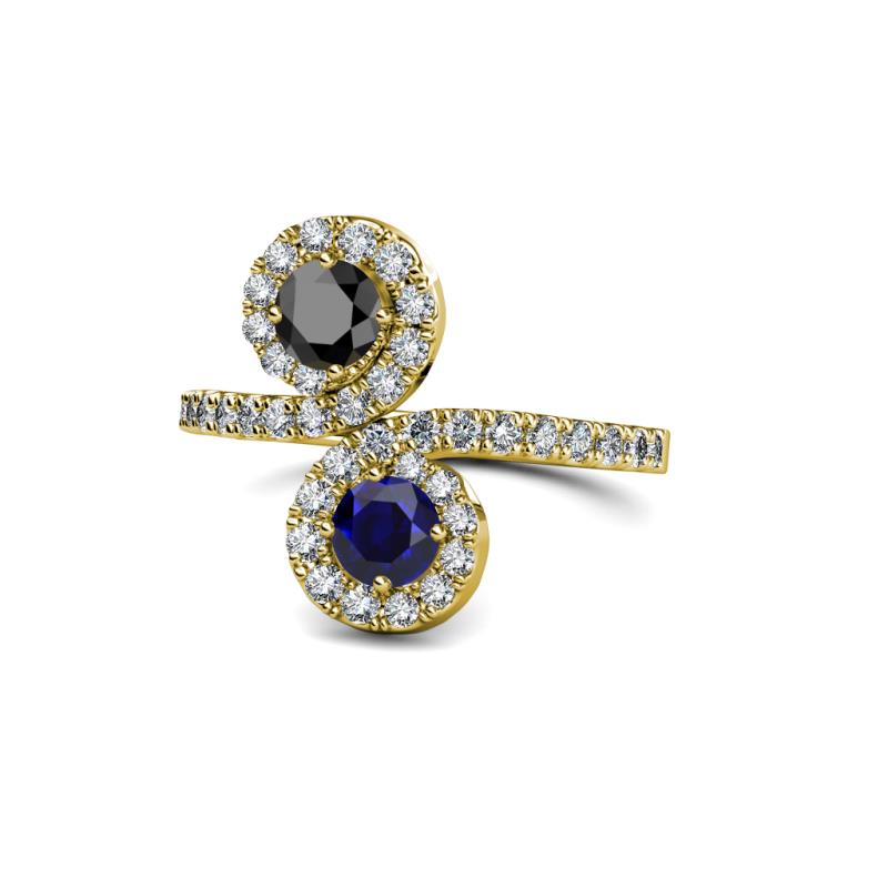 Kevia Black Diamond and Blue Sapphire with Side Diamonds Bypass Ring 