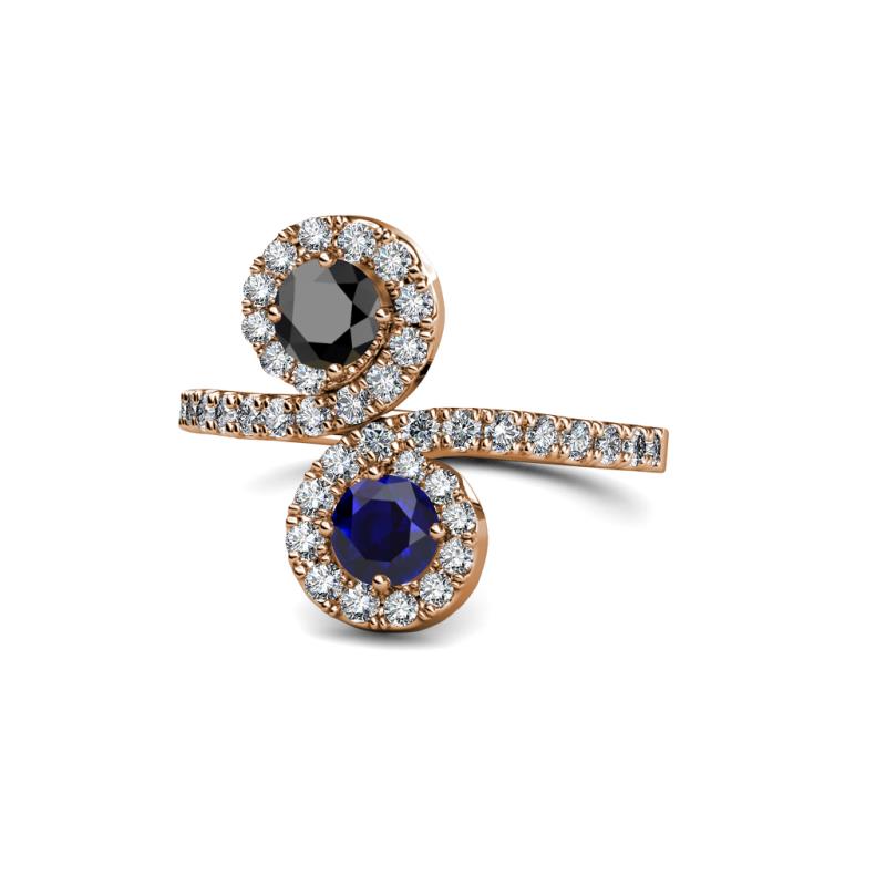 Kevia Black Diamond and Blue Sapphire with Side Diamonds Bypass Ring 
