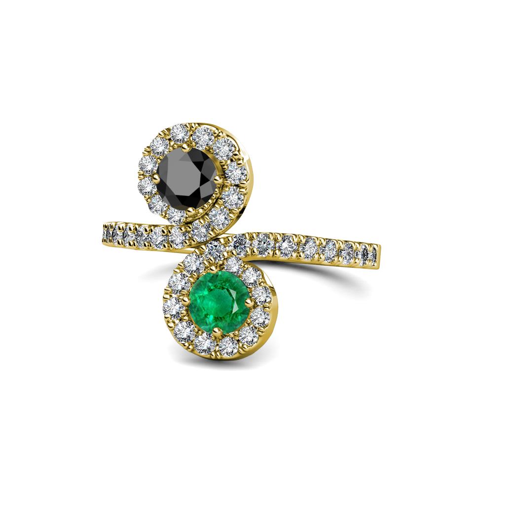 Kevia Black Diamond and Emerald with Side Diamonds Bypass Ring 
