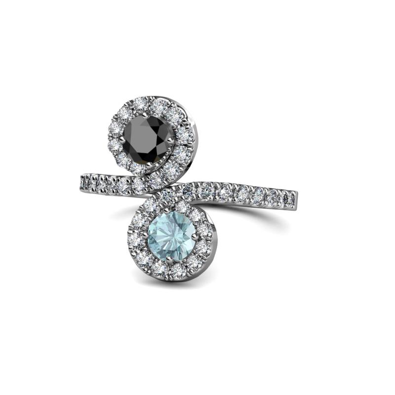Kevia Black Diamond and Aquamarine with Side Diamonds Bypass Ring 