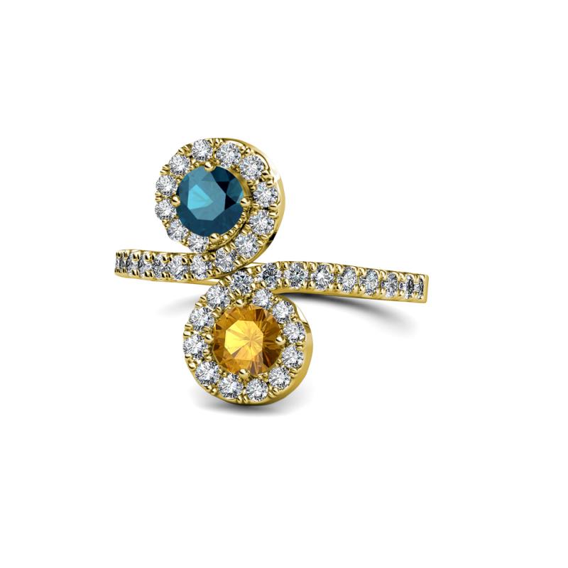 Kevia Blue Diamond and Citrine with Side Diamonds Bypass Ring 