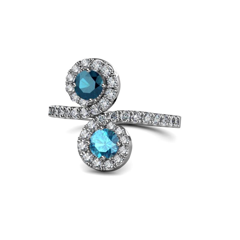 Kevia Blue Diamond and London Blue Topaz with Side Diamonds Bypass Ring 