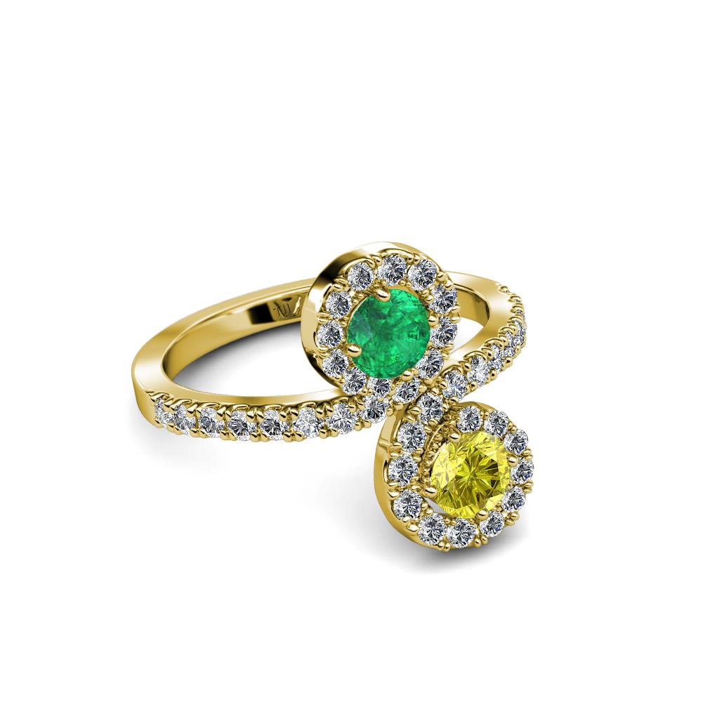 Kevia Yellow Diamond and Emerald with Side Diamonds Bypass Ring 