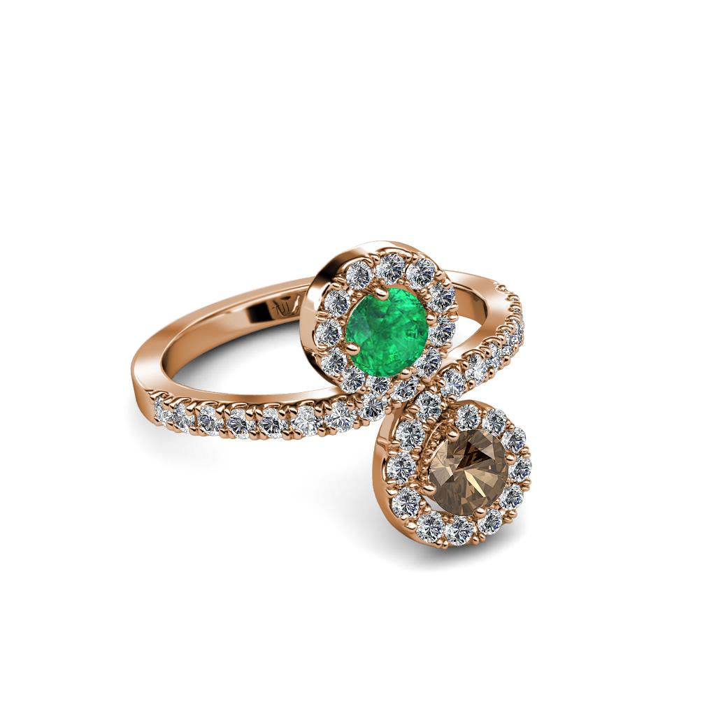 Kevia Smoky Quartz and Emerald with Side Diamonds Bypass Ring 