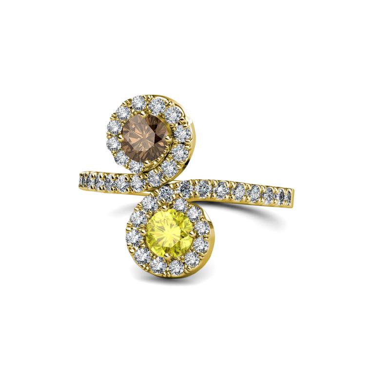 Kevia Smoky Quartz and Yellow Diamond with Side Diamonds Bypass Ring 
