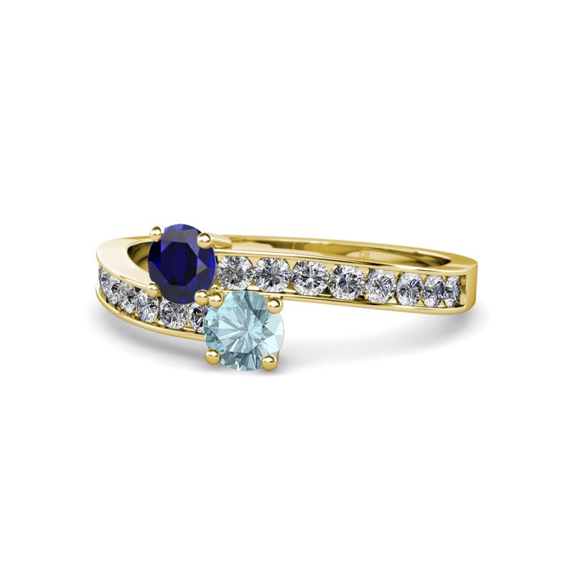 Olena Blue Sapphire and Aquamarine with Side Diamonds Bypass Ring 