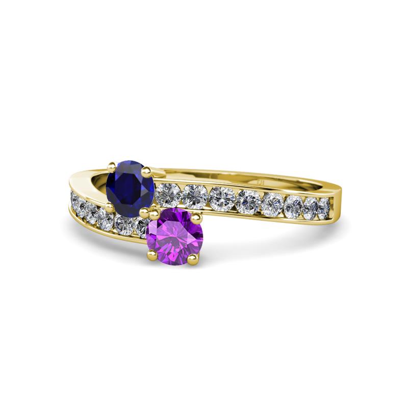 Olena Blue Sapphire and Amethyst with Side Diamonds Bypass Ring 