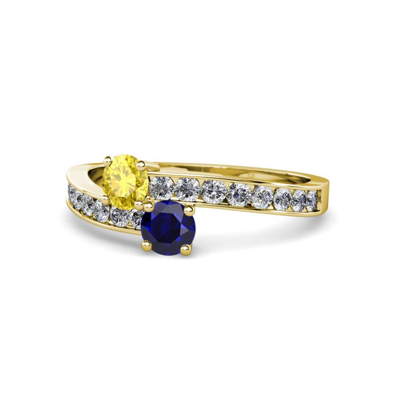 Olena Yellow and Blue Sapphire with Side Diamonds Bypass Ring 