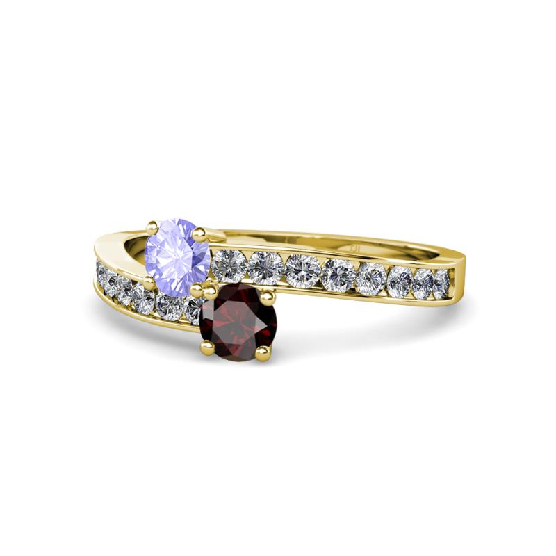 Olena Tanzanite and Red Garnet with Side Diamonds Bypass Ring 