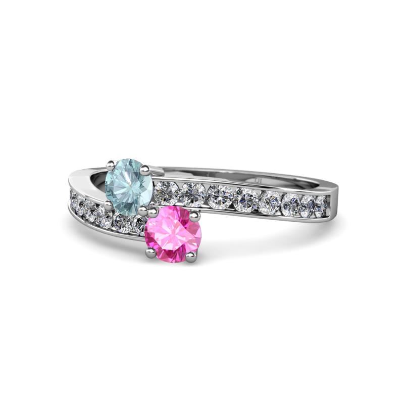 Olena Aquamarine and Pink Sapphire with Side Diamonds Bypass Ring 
