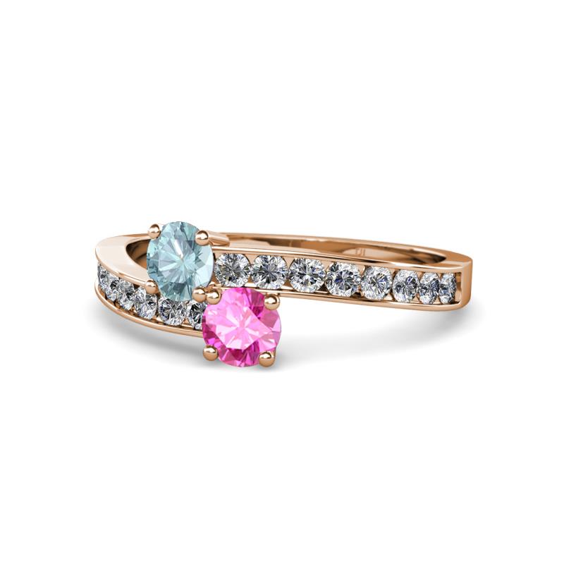 Olena Aquamarine and Pink Sapphire with Side Diamonds Bypass Ring 