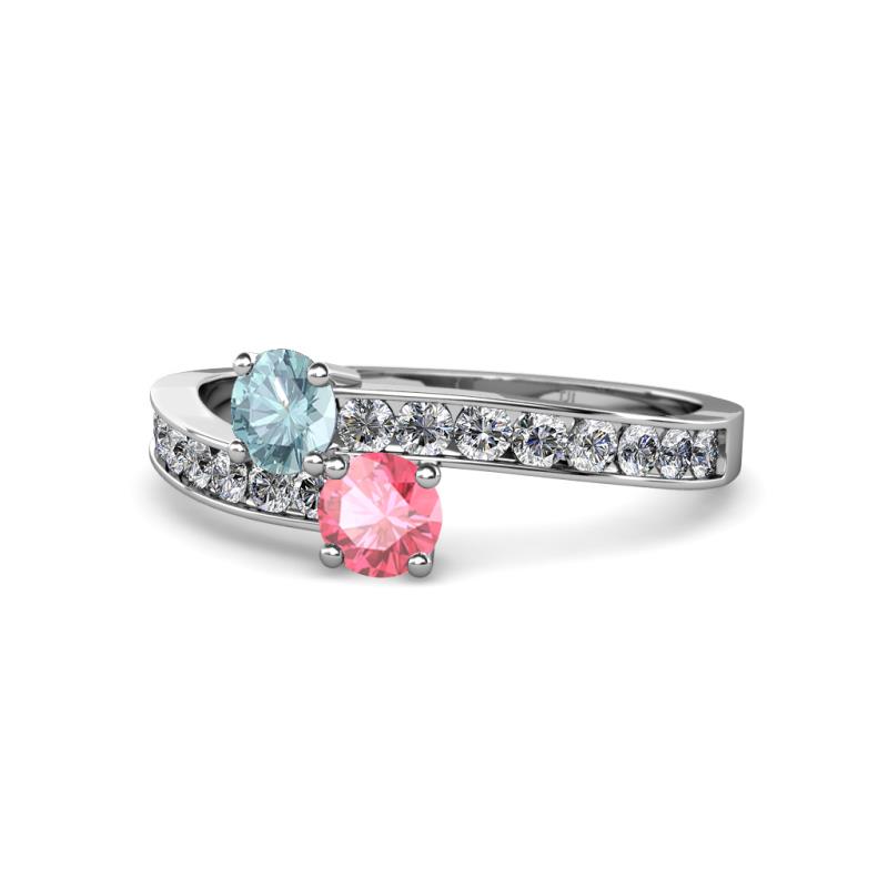 Olena Aquamarine and Pink Tourmaline with Side Diamonds Bypass Ring 