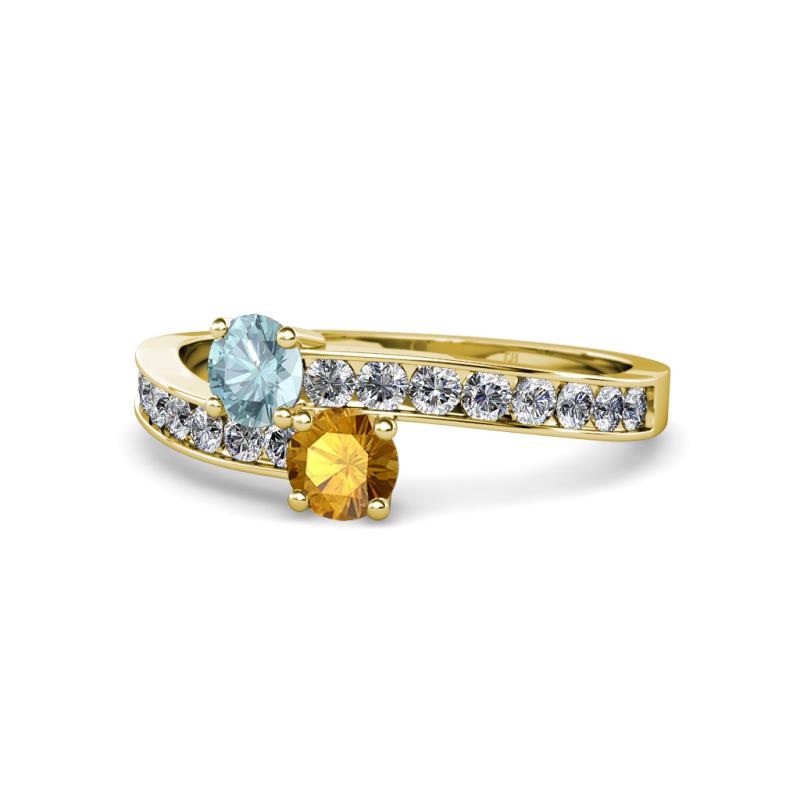 Olena Aquamarine and Citrine with Side Diamonds Bypass Ring 