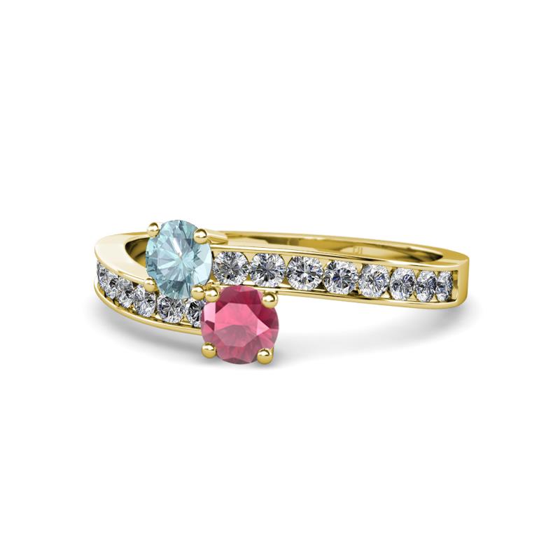 Olena Aquamarine and Rhodolite Garnet with Side Diamonds Bypass Ring 