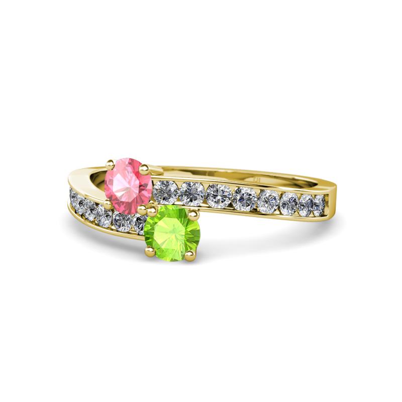 Olena Pink Tourmaline and Peridot with Side Diamonds Bypass Ring 