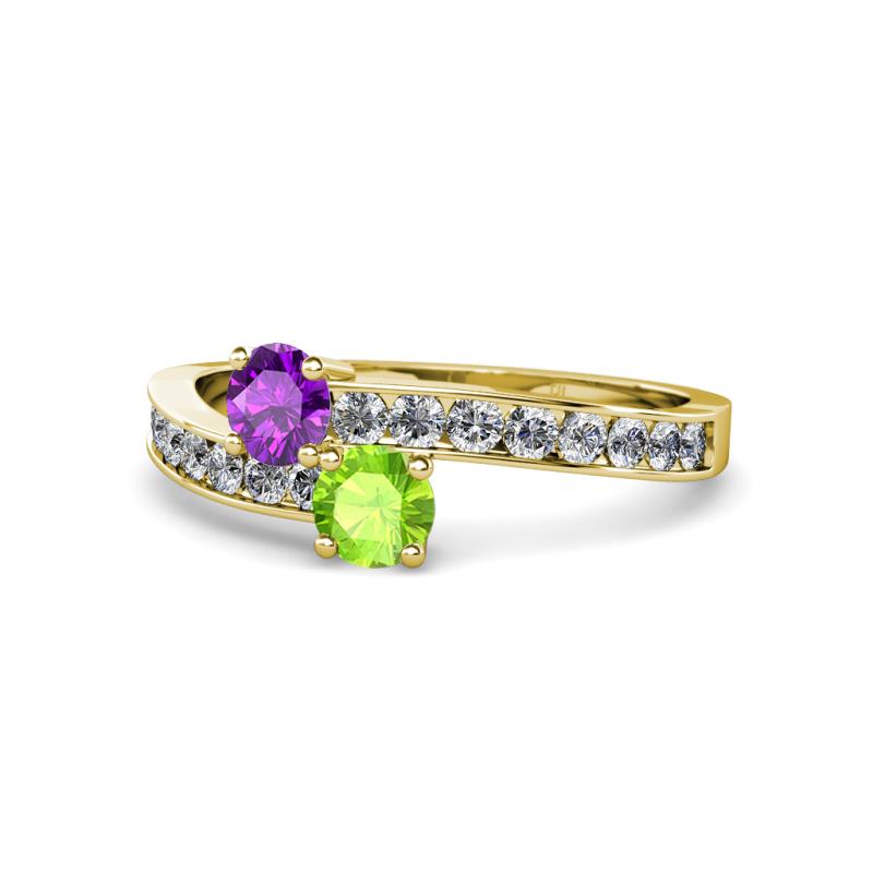 Olena Amethyst and Peridot with Side Diamonds Bypass Ring 